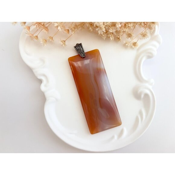 Carnelian Agate Stone Rectangular Geometric Shaped Large Silver Vintage Pendant - Picture 4 of 12